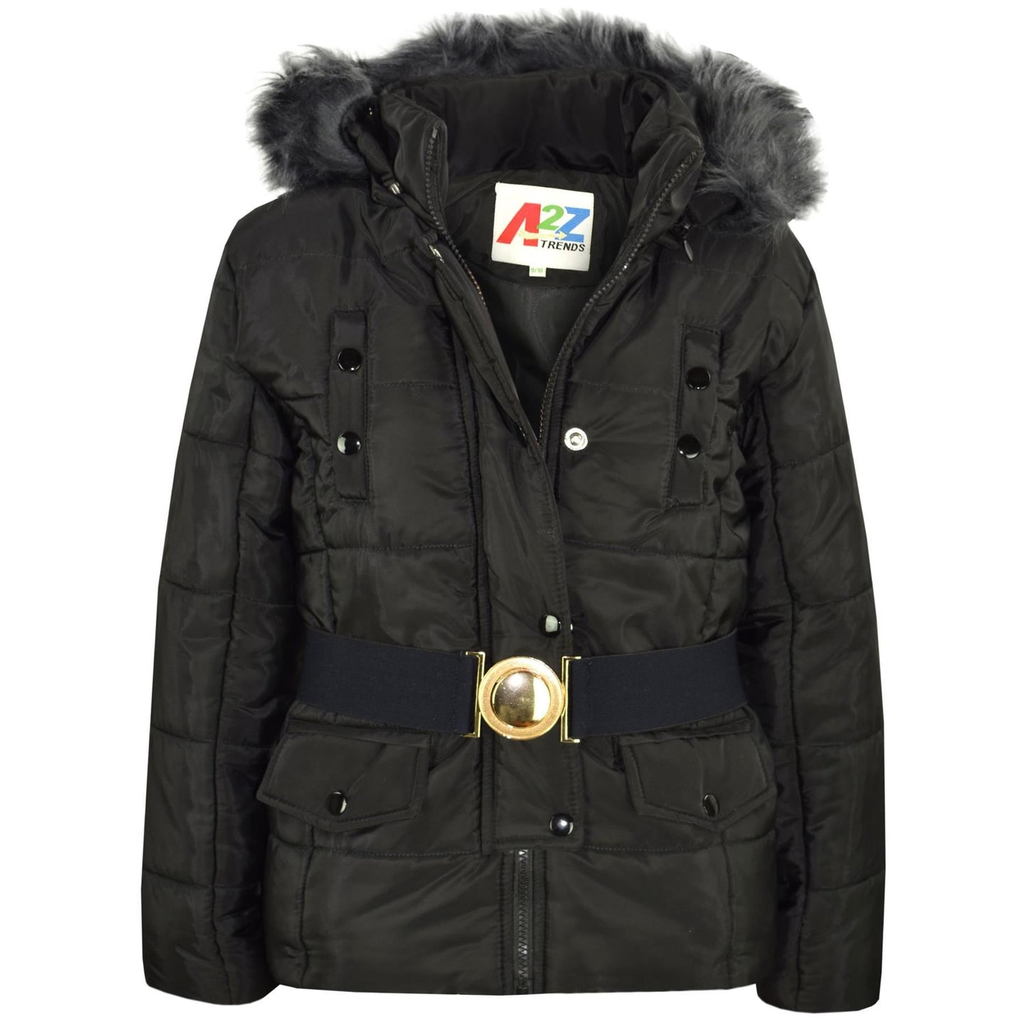 Kids Girls Puffer Jackets Faux Fur Hooded Zipped Belted Coats Age 5-13 Years