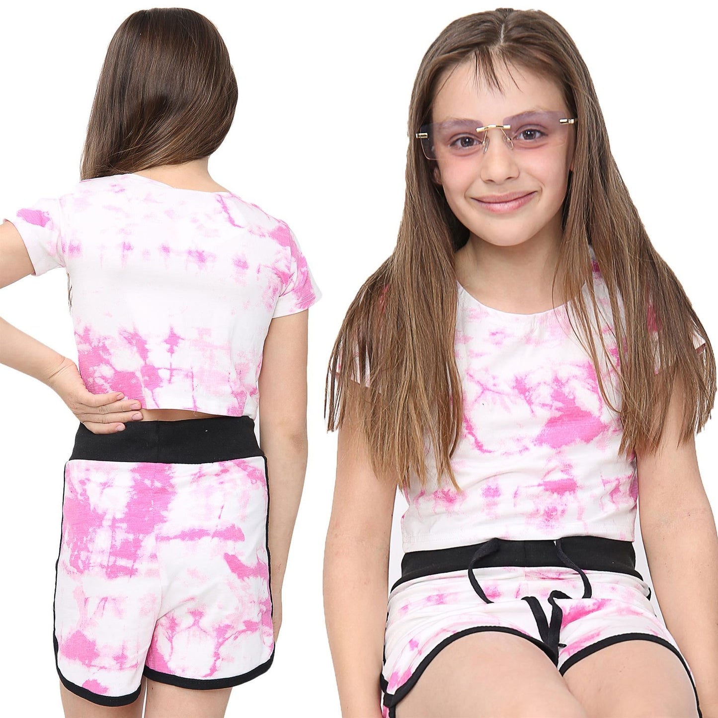 Kids Tie Dye Crop Top & Shorts Set Active Wear Summer Girls Boys Age 5-13 years