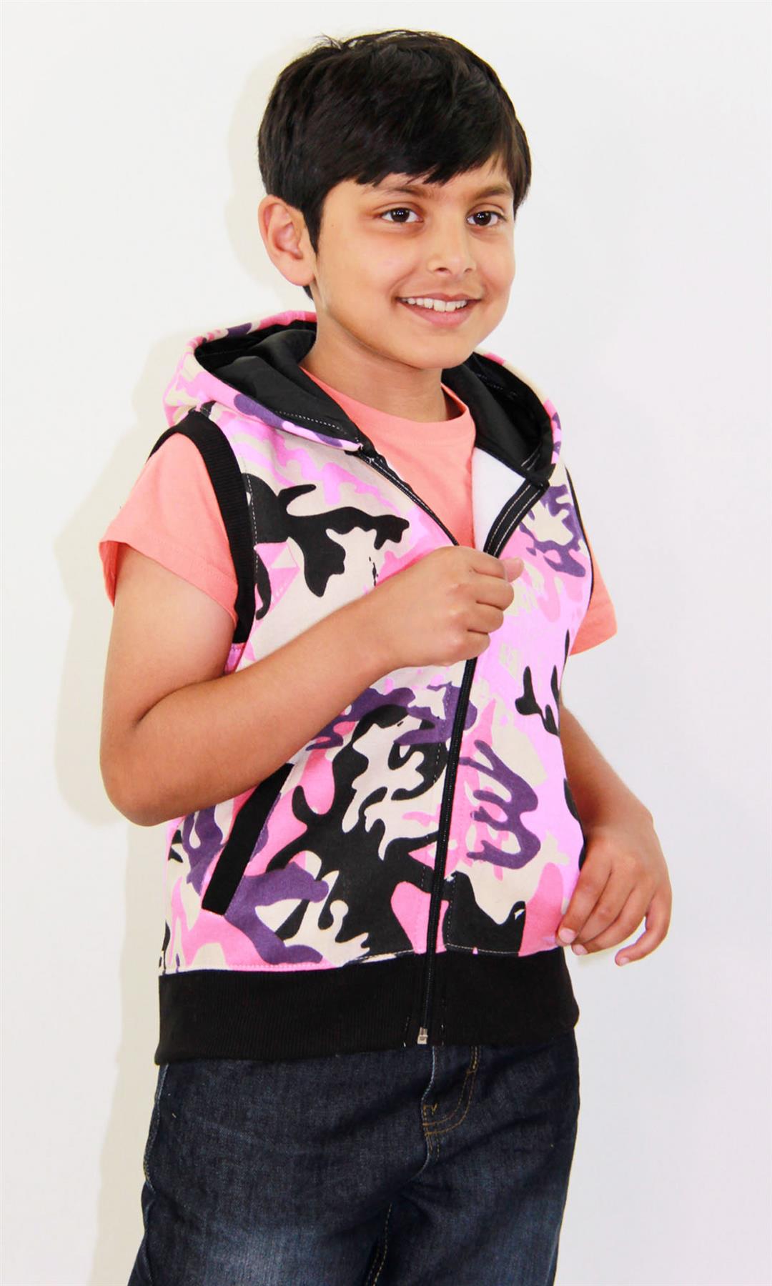 Kids Hooded Gilet Jacket Fleece Fabric No Sleeve Zipper Coat Boys Age 5-13 Year