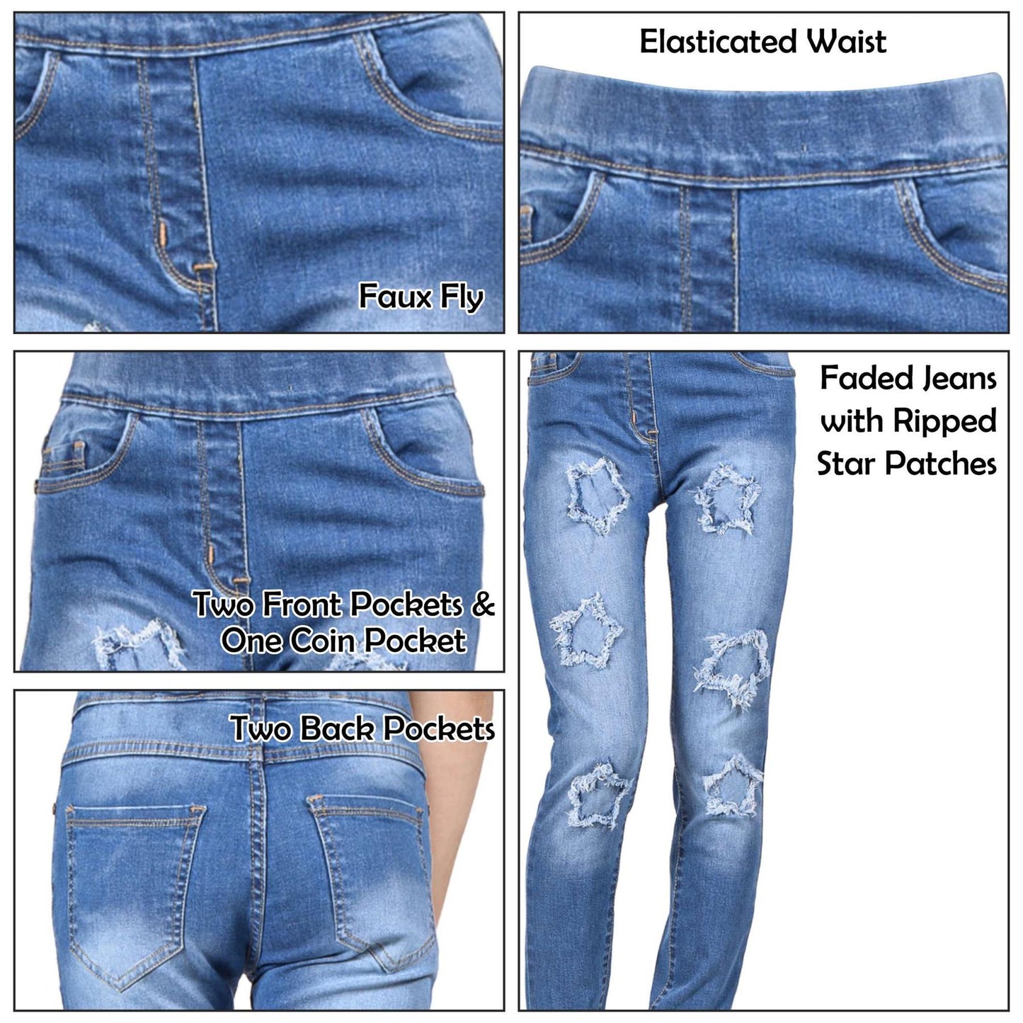 Kids Girls Denim Stars Ripped Jeans Comfort Stretchy Skinny Fashion Pants