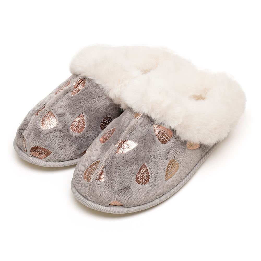 A2Z Ladies Foil Heart and Star Mule Slippers Warm Faux Fur Lined Indoor Shoes