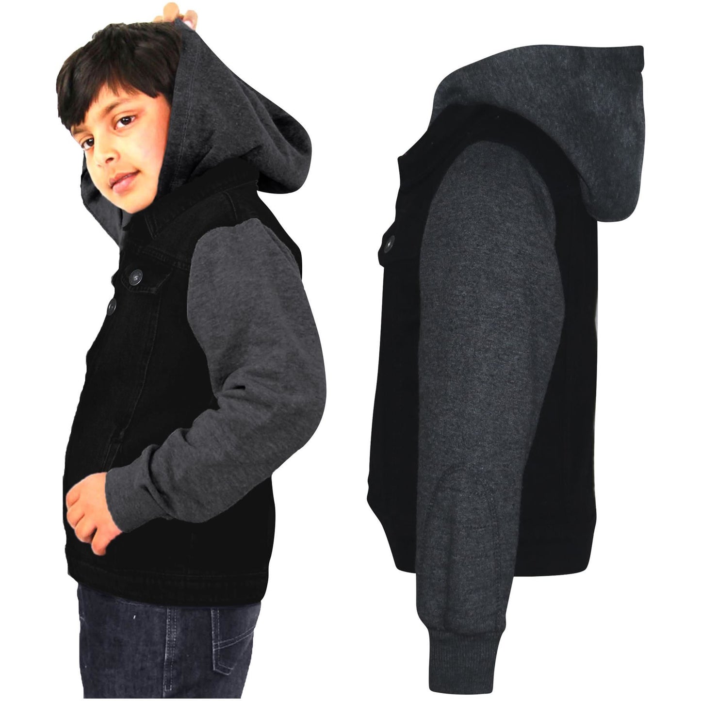 Kids Boys Denim Jacket Fleece Long Sleeves Hooded Stylish Jeans Coat For 2-13 Yr