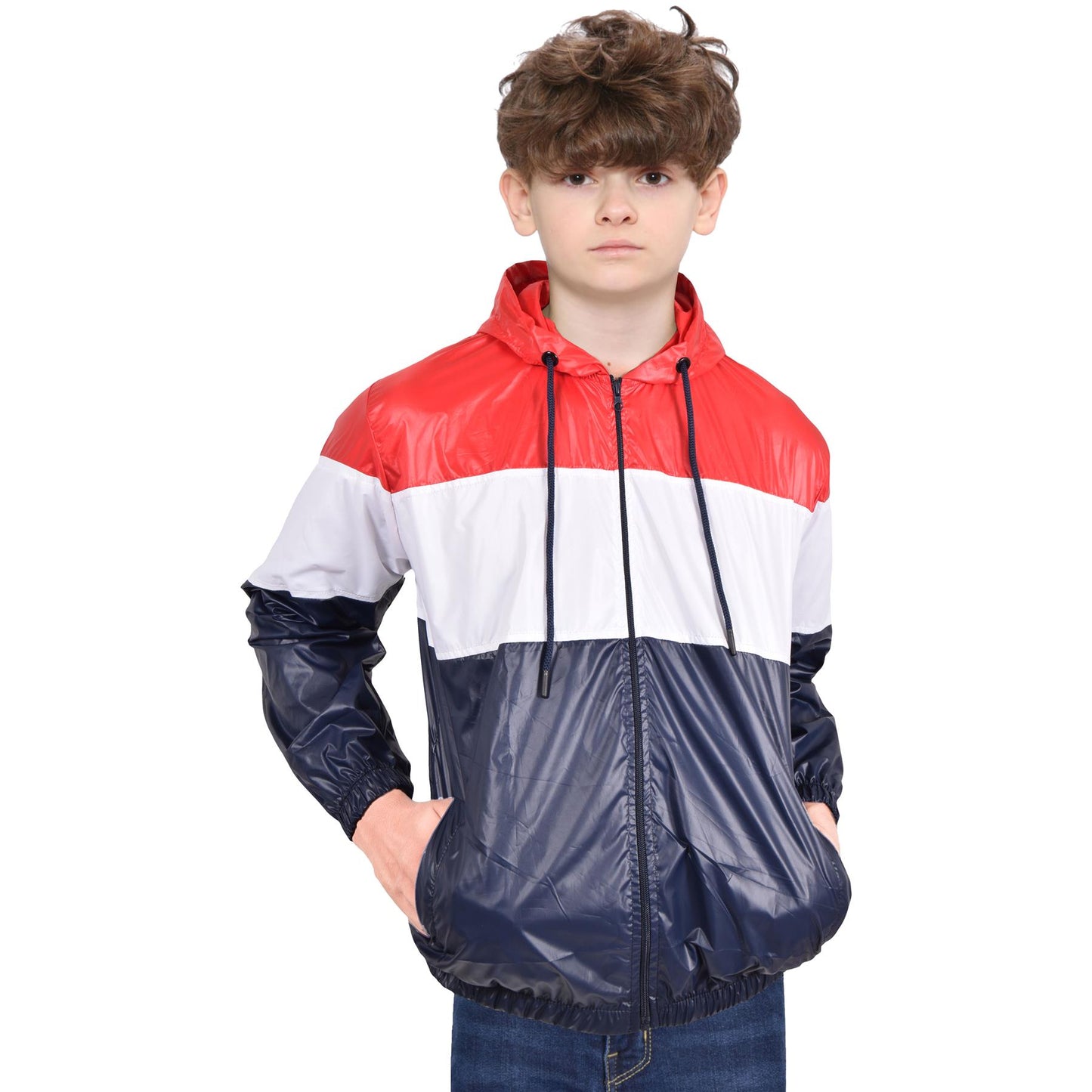 Kids Girls Boys Windbreaker Contrast Color Block Navy Hooded Jacket Rainmac Coat