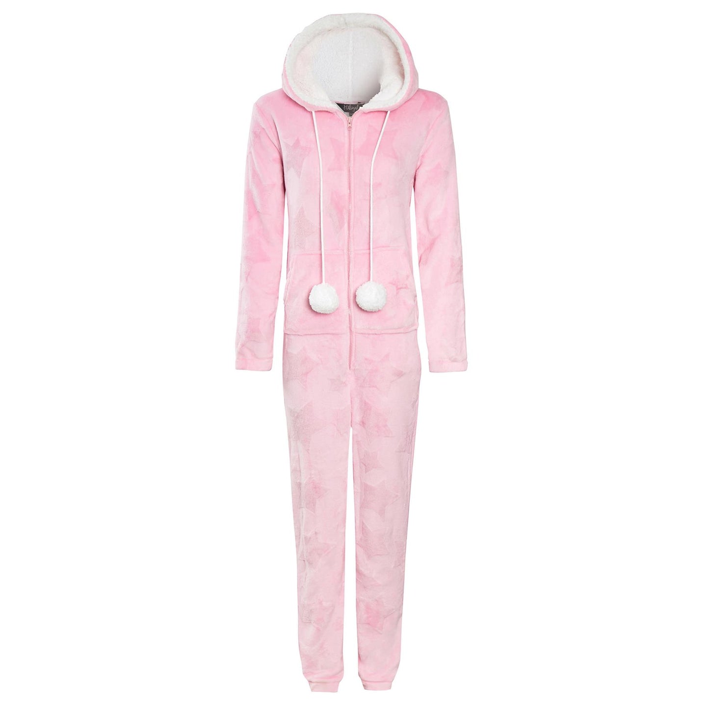 A2Z Ladies Pink & Grey Star Embossed Fleece Onesie with Hood Zip Up Lounge Suit