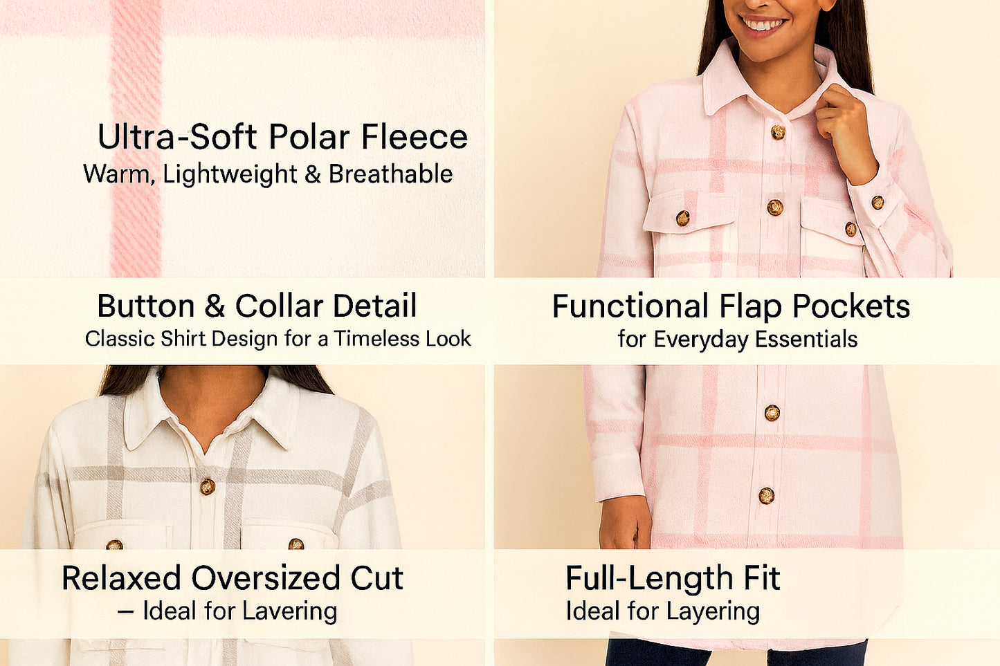 Ladies Fleece Check Shacket Oversized Shirt Jacket with Pockets Warm Winter Coat
