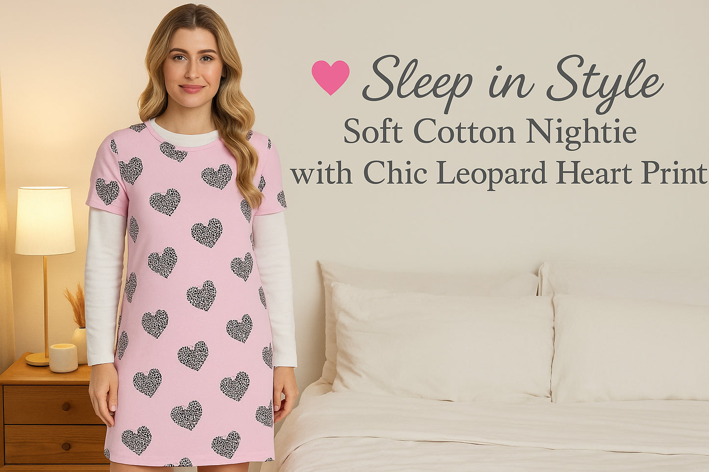 A2Z Ladies Cotton Nightie Pink Short Sleeve Dress with Leopard Heart Print