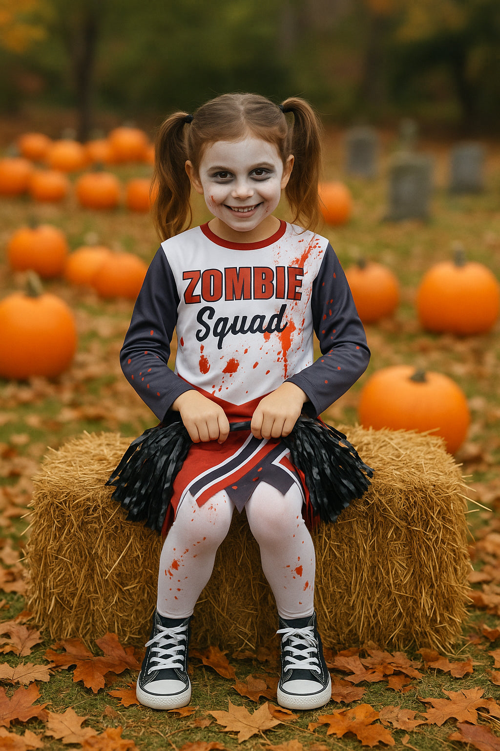 A2Z 4 Kids Girls Zombie Cheerleader Halloween Attire Top Shredded Sleeves Long Bloody Socks Cheerleading Pom Poms Outfit Halloween Parties and Trick or Treating