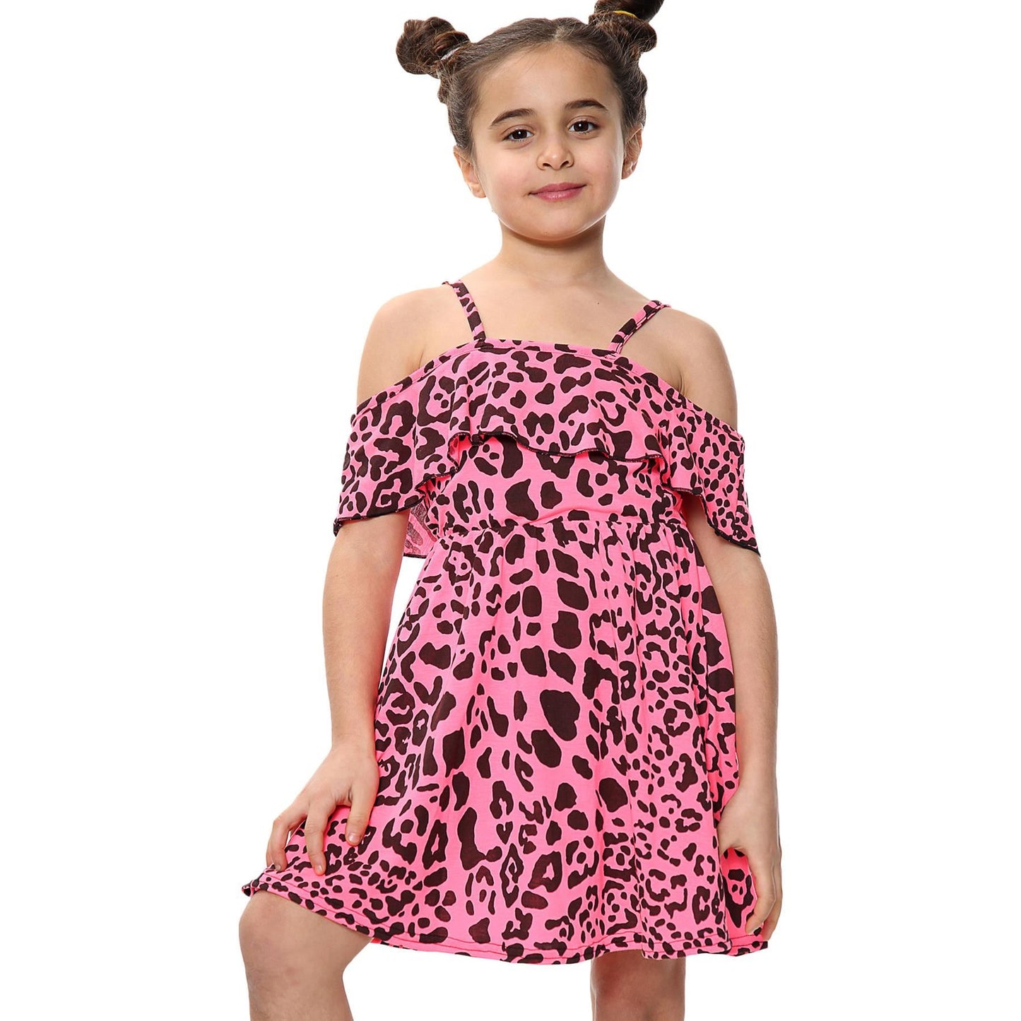 Kids Girls Skater Dress Leopard Print Summer Party Off Shoulder Dress 5-13 Years
