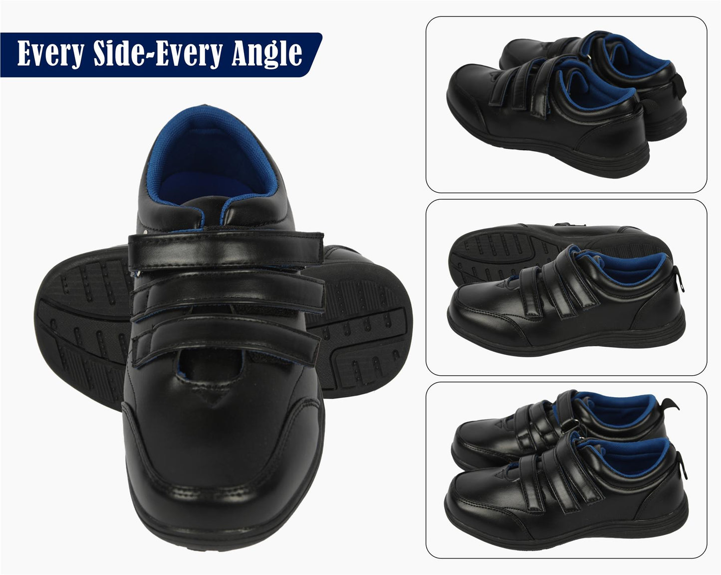Kids Boys Teens School Shoes Black PU Leather Velcro Strap Trainers Size 10 to 7