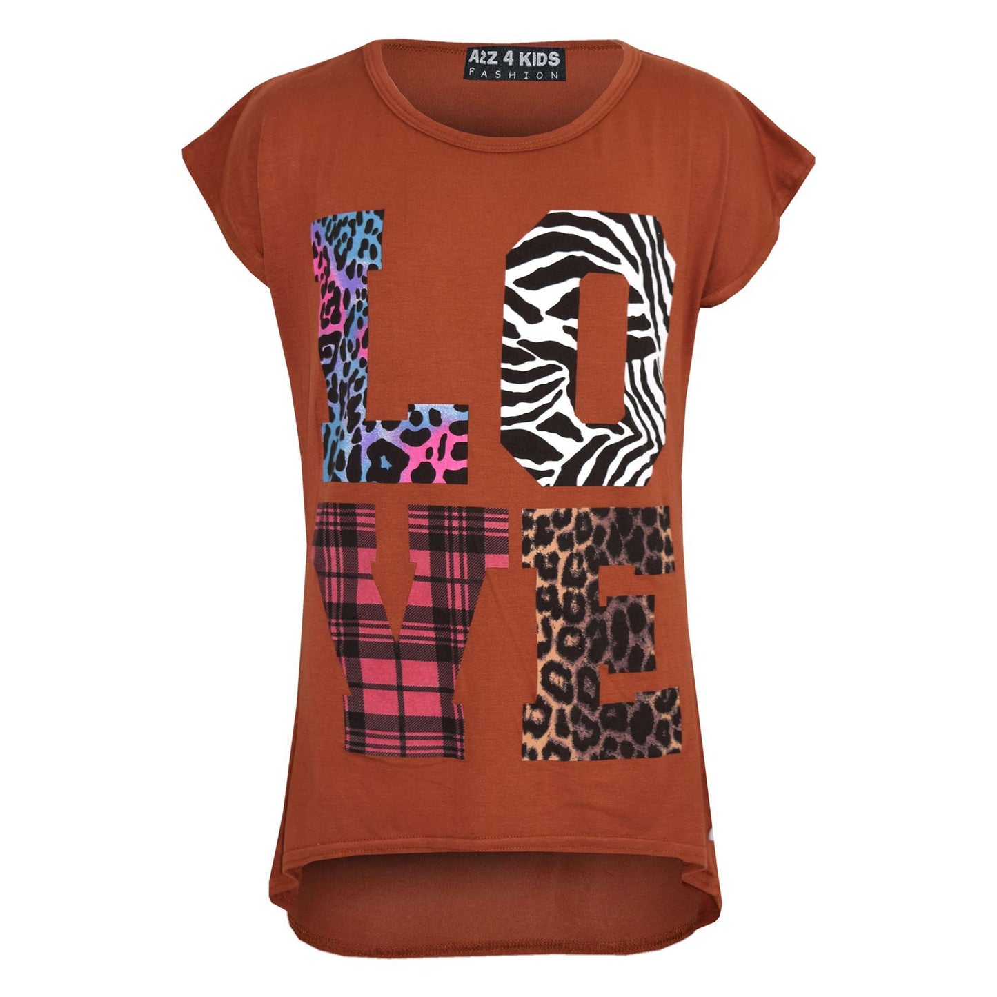 Kids Girls T Shirt LOVE Tartan Zebra Leopard Print Trendy Fashion Top 7-13 Years