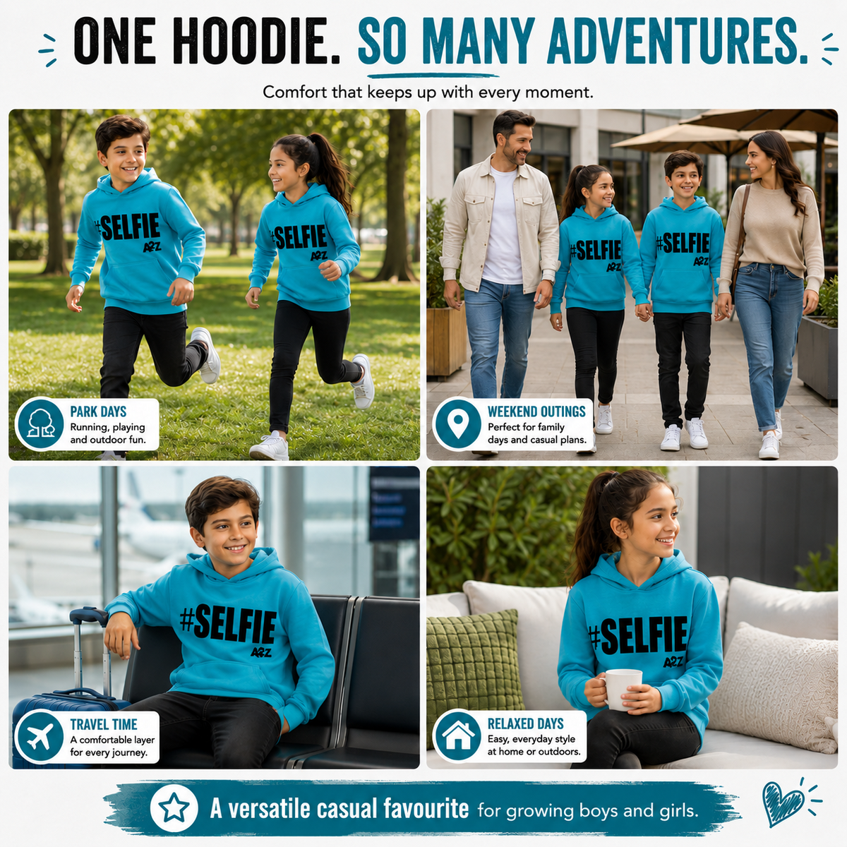 Kids Girls Boys Sweat Shirts Tops #Selfie Hooded Jumpers Hoodies New Age 2-13 Yr