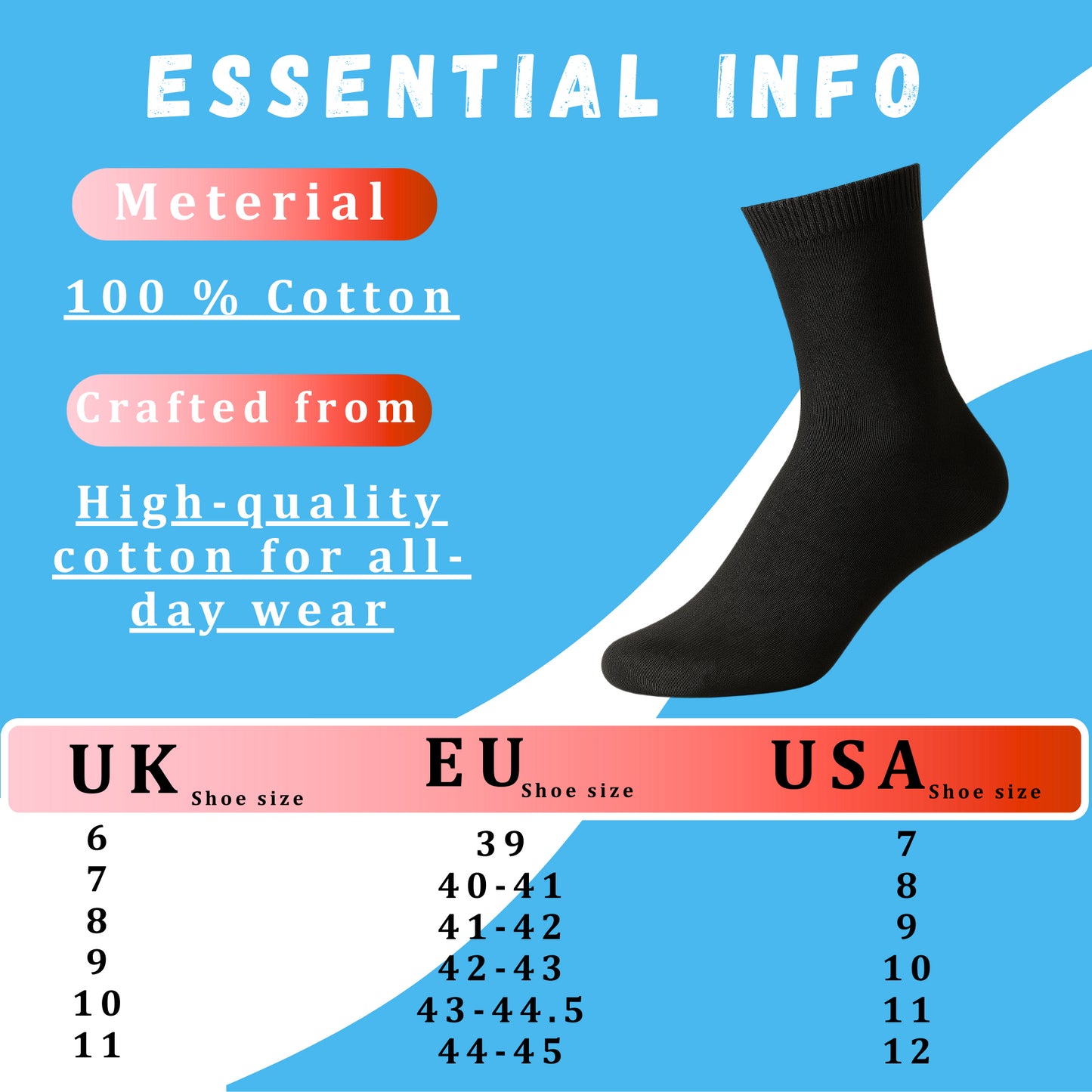 Plain Mens Cotton Socks 6 Pack Luxurious Soft Comfortable Casual Socks For Men