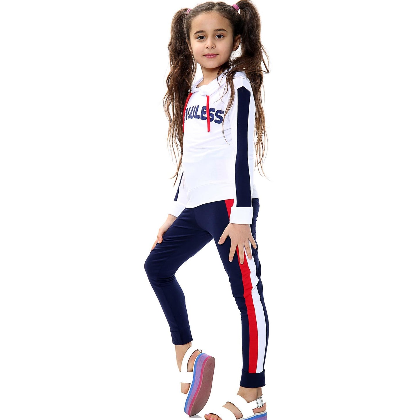 Kids Girls Hooded Tracksuit Top Bottom Navy Flawless Print Tees & Trouser Outfit