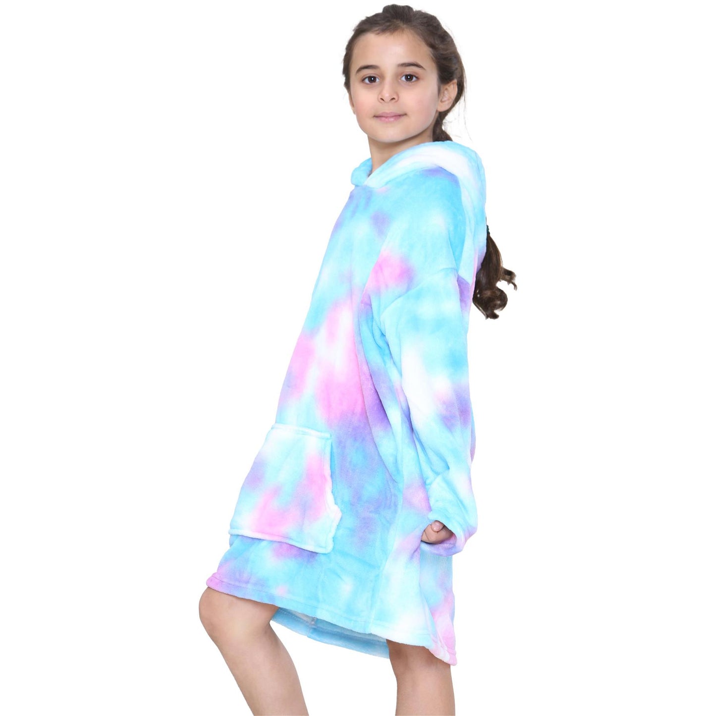 Kids Girls Boys Oversized Hoodie Blue Tartan Printed Snuggle Soft Fleece Blanket