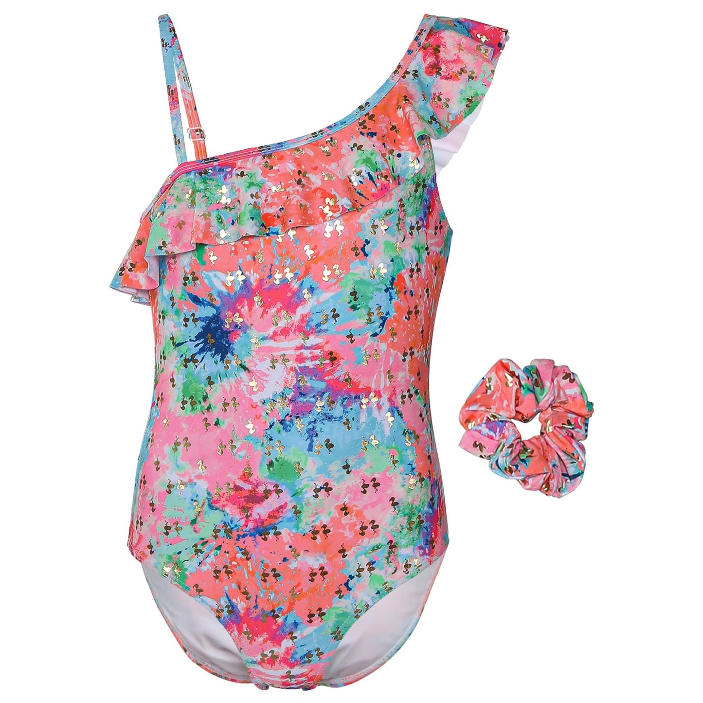 Kids Girls Swimsuit Ruffle Trim Long Sleeve Heart Pattern Swimming Costume 2-14