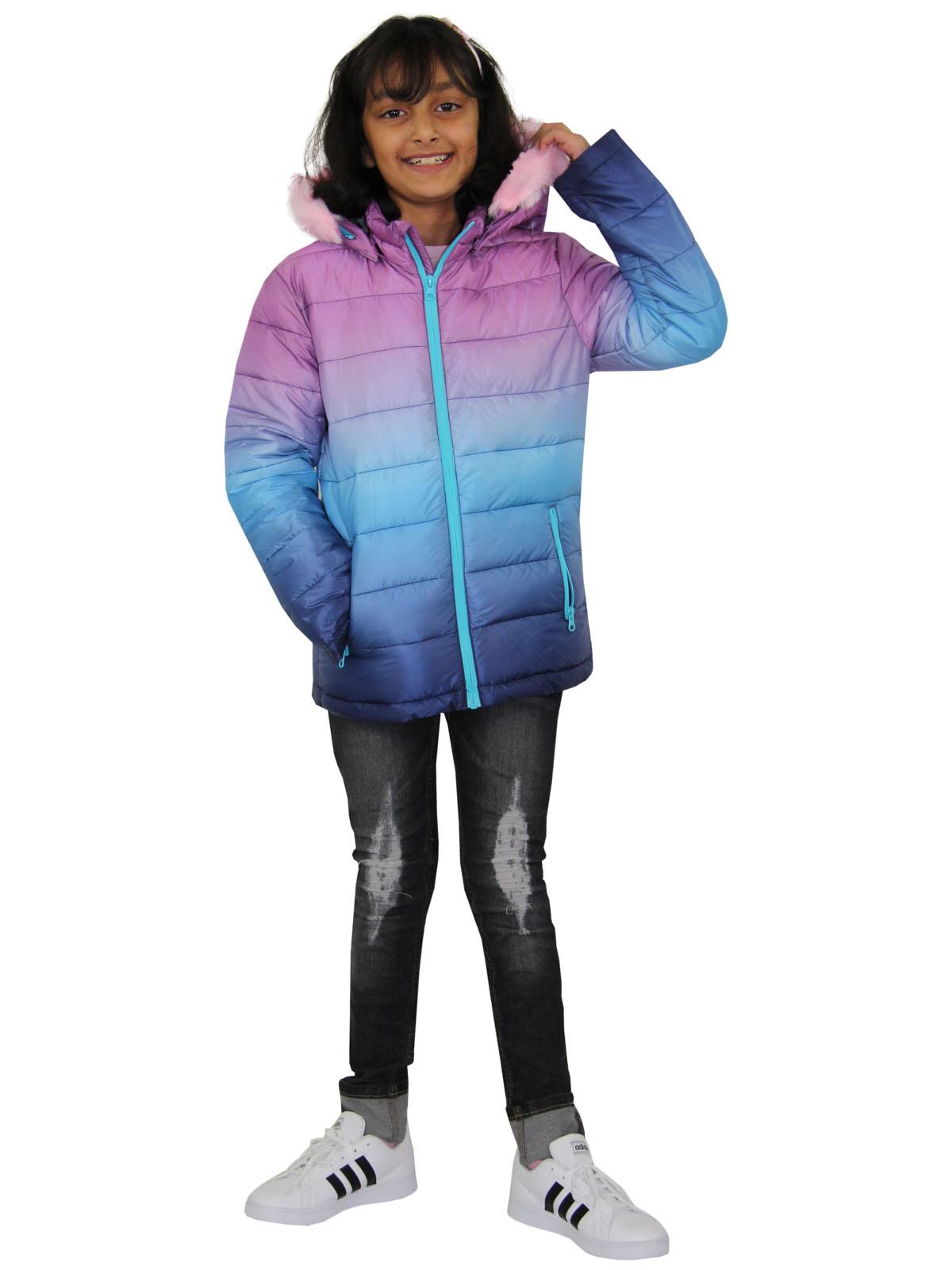 Kids Girls Puffer Jacket Faux Fur Hooded 3D Fade Gradient Padded Thick Warm Coat