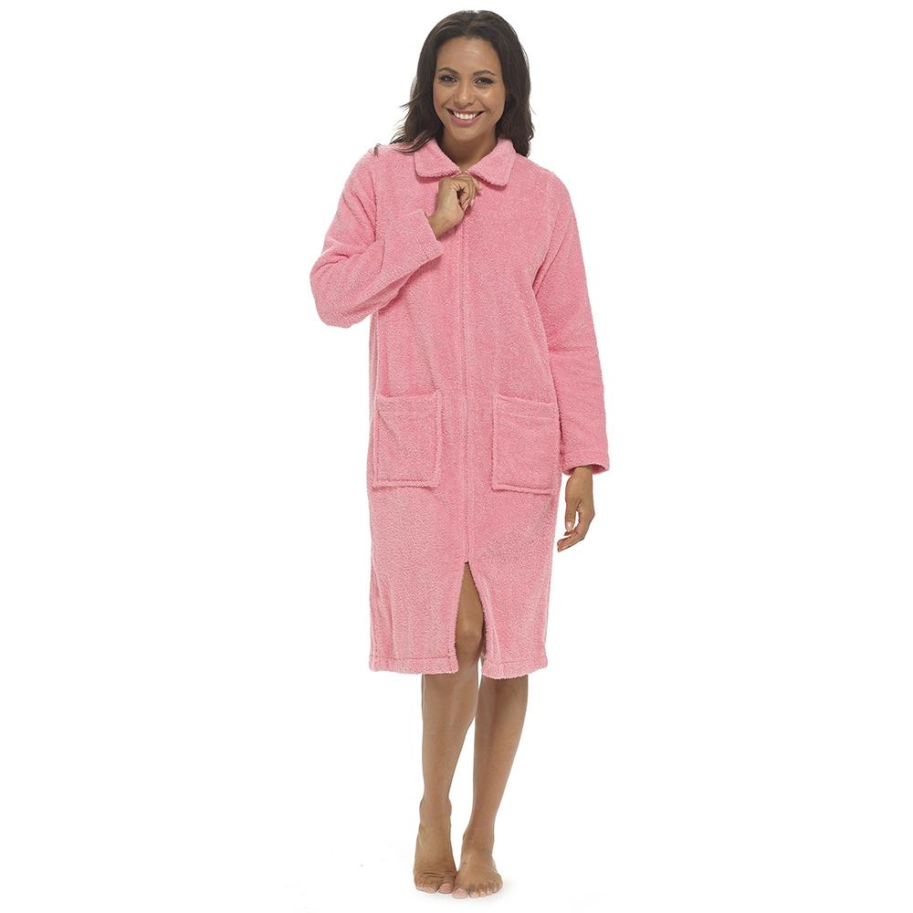 Ladies Towelling Bathrobe Front Zip Dressing Gown Long Sleeves & Deep Pockets