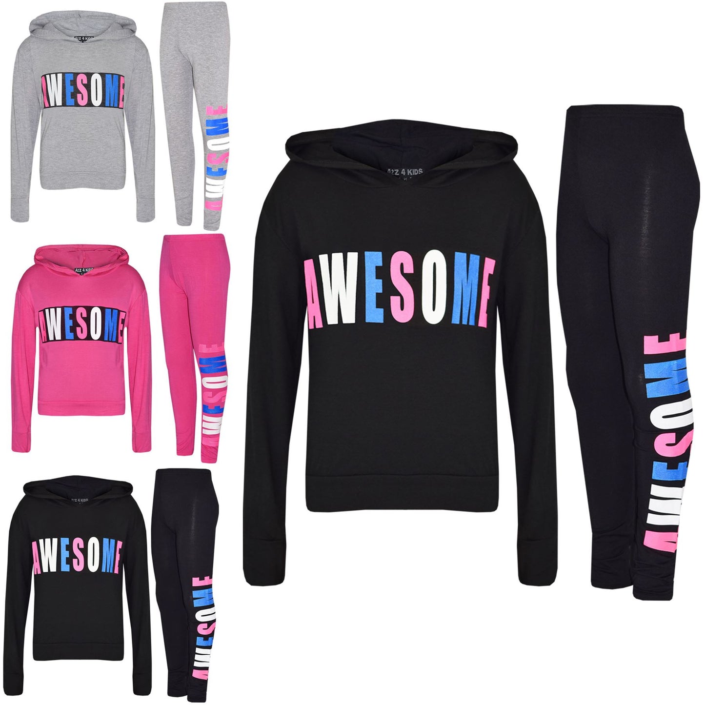 Girls Tops Kids Awesome Print Hooded T Shirt Top Legging Lounge Wear Set 7-13 Yr