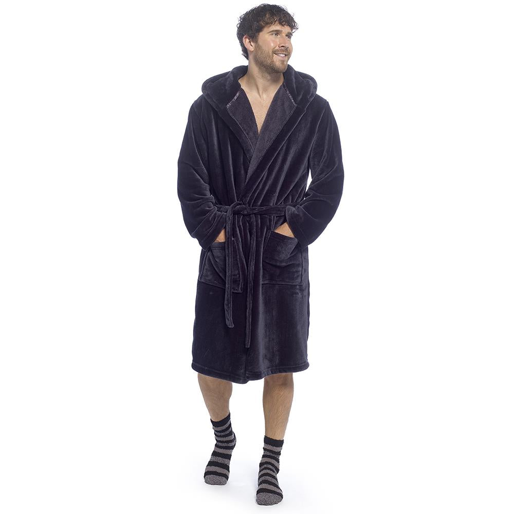 A2Z Mens Supersoft Hooded Fleece Gown Warm Plush Bathrobe with Belt M to XXL UK