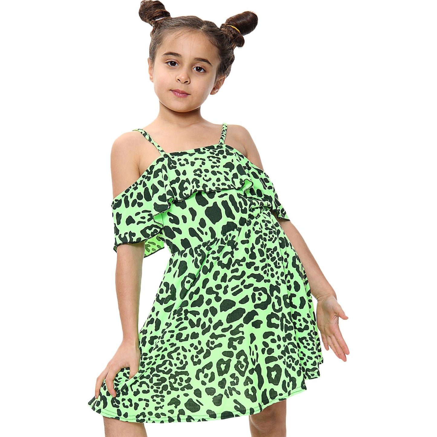 Kids Girls Skater Dress Leopard Print Summer Party Off Shoulder Dress 5-13 Years