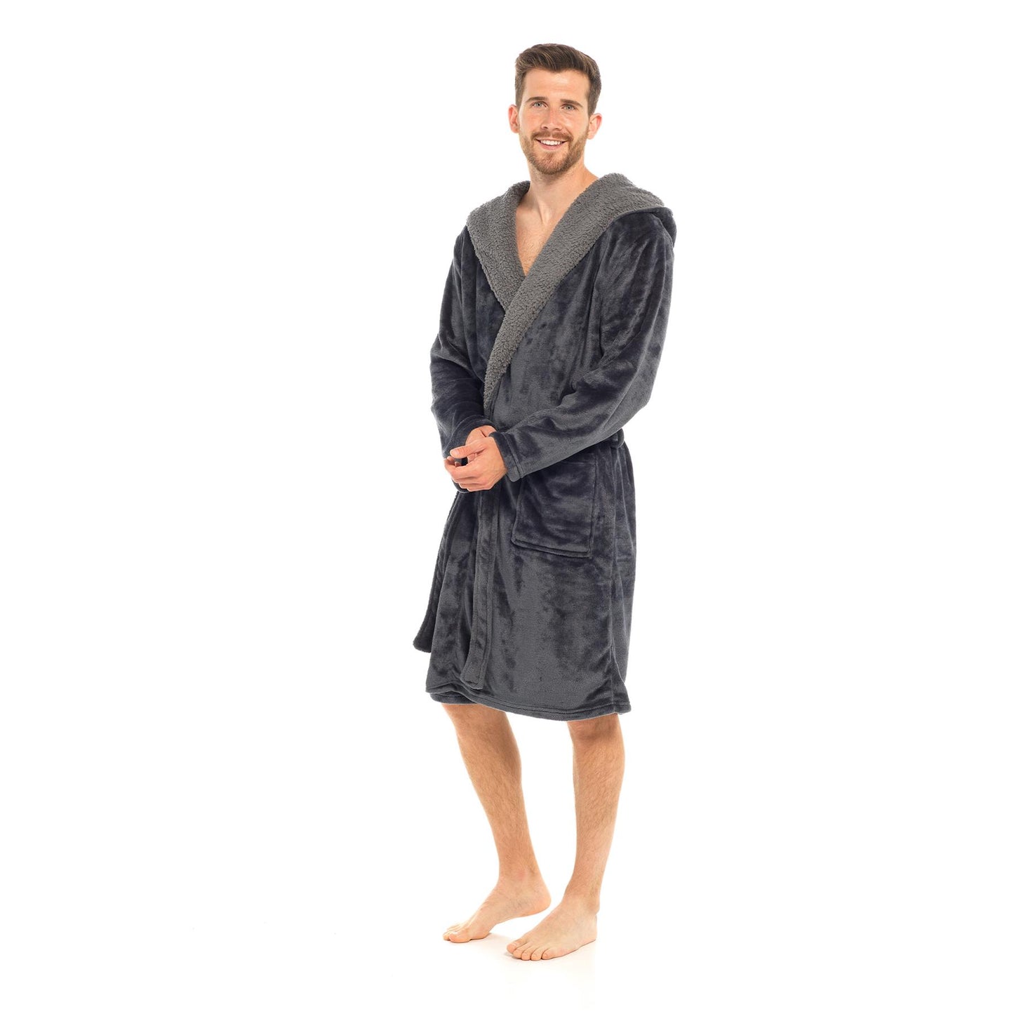 Mens Flannel Fleece Hooded Dressing Gown Sherpa Lined Robe with Belt & Pockets