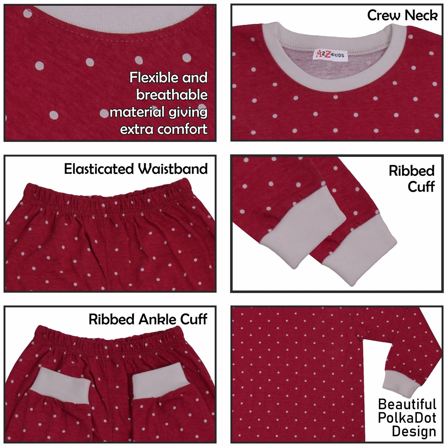 A2Z 4 Kids Girls Boys Polka Dot Children PJs 2 Piece Cotton Set Lounge Suit Nightwear Sleepwear Unisex Top Bottom Pyjamas Loungewear Dress Up Outfit Set Gifts for Children Girls & Boys Age 5-13 years