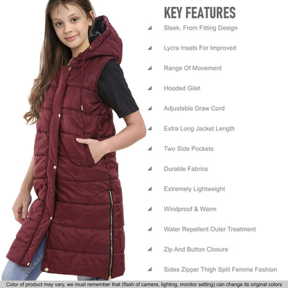 Kids Girls Oversized Gilet Long Line Hooded Quilted Jacket Long Sleeveless Coat