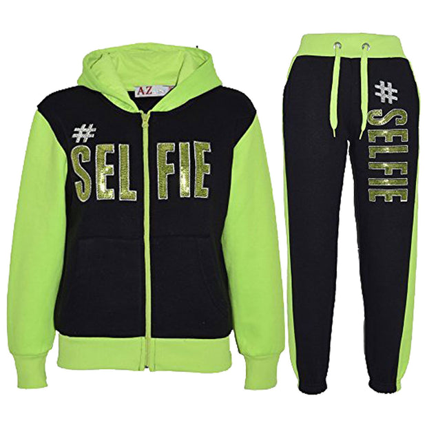 A2Z 4 Kids #SELFIE Tracksuit Sequin Embroidered Black & Neon Green Hoodie with Jogger Sweatpants Sports Casual Fashion Activewear Set Girls Boys Childrens Age 5-13 years