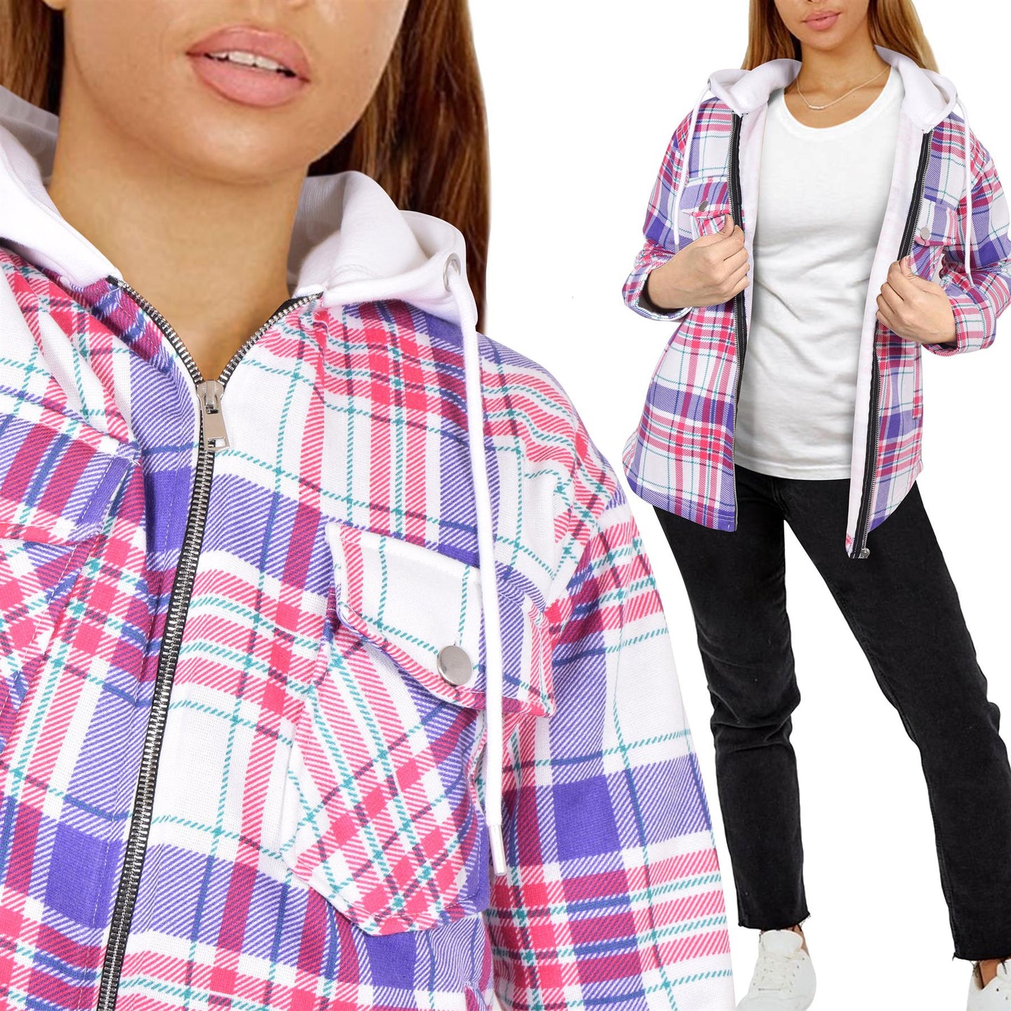 A2Z Ladies Shacket Shirt Jacket Checked Zipped Top Hooded Warm Coat Size S-4XL