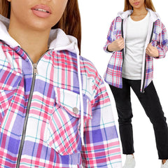 A2Z Ladies Shacket Shirt Jacket Checked Zipped Top Hooded Warm Coat Size S-4XL