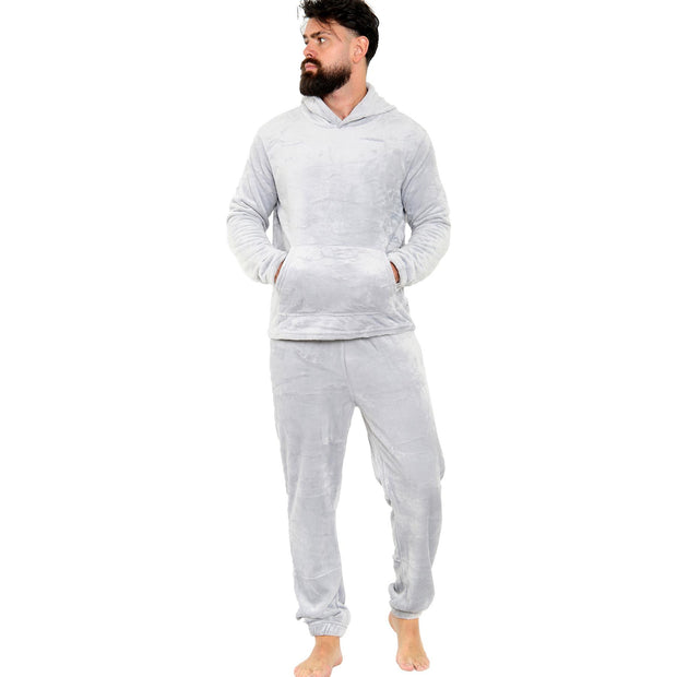 Mens Pyjamas Soft Warm Fleece Adults Hooded Pyjamas 2 Piece Gift Set For Mens