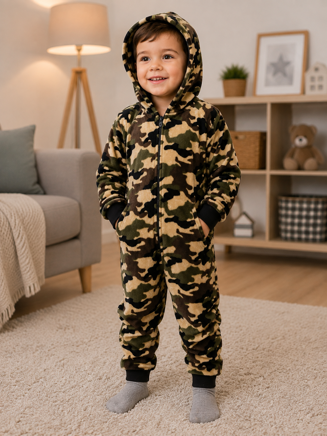 Kids Girls Boys A2Z Onesie One Piece Soft Fluffy Camouflage All In One Jumpsuit
