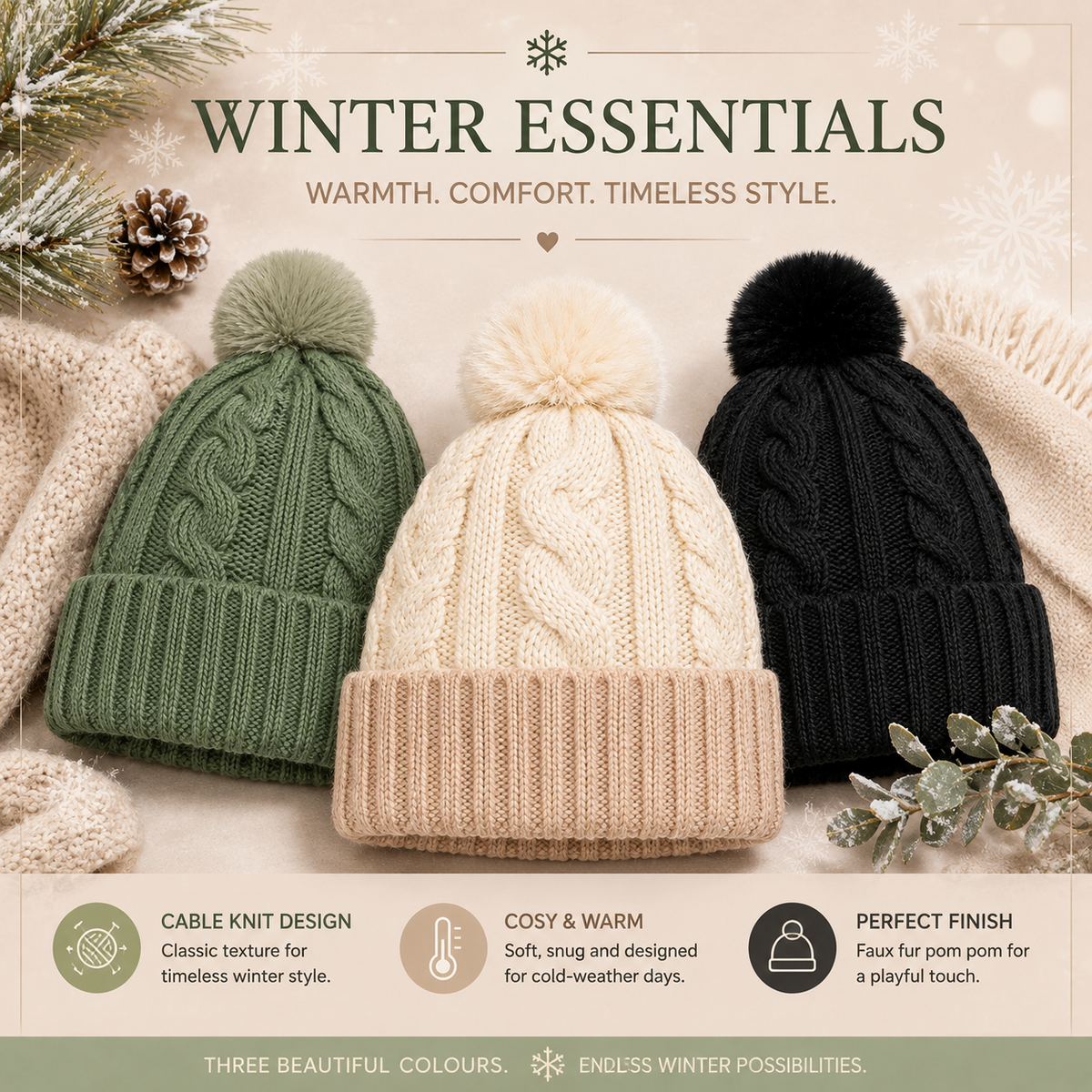 A2Z Ladies Hats Cable Chunky Bobble Knit Pom Pom Winter Warm Cozy Women Caps
