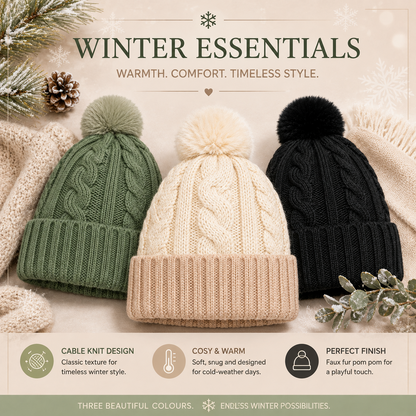 A2Z Ladies Hats Cable Chunky Bobble Knit Pom Pom Winter Warm Cozy Women Caps