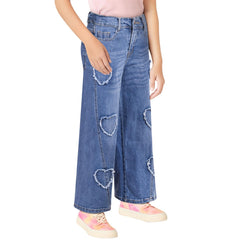 Kids Girls High Waist Wide Leg Denim Palazzo Jeans Distressed Heart Trousers