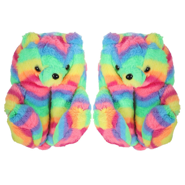 Kids Girls Womens 3D Rainbow Bear Slippers Cute Animal Face Soft Plush Warm Shoe