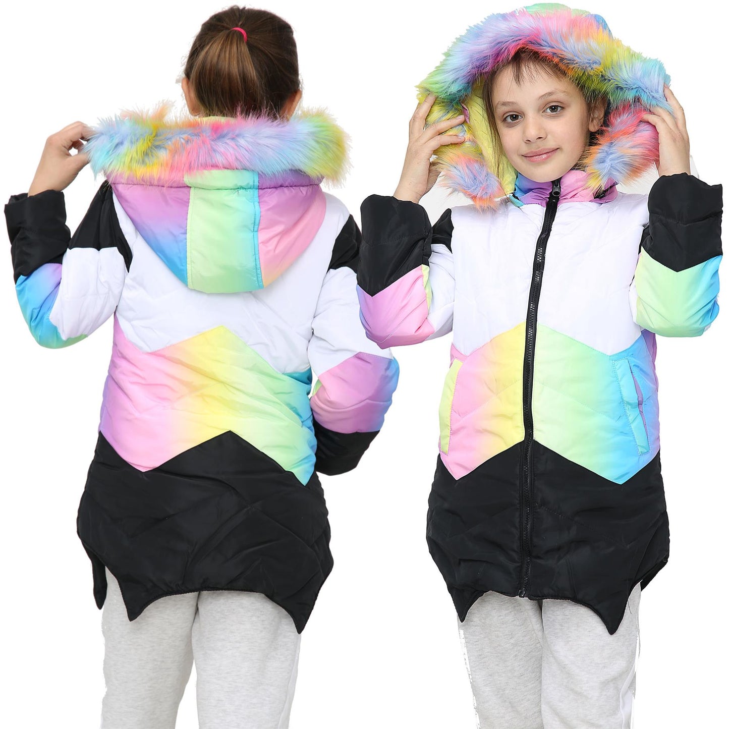 Kids Hooded Contrast Panel Puffer Coat Faux Fur Jacket For Girls 2-13yrs