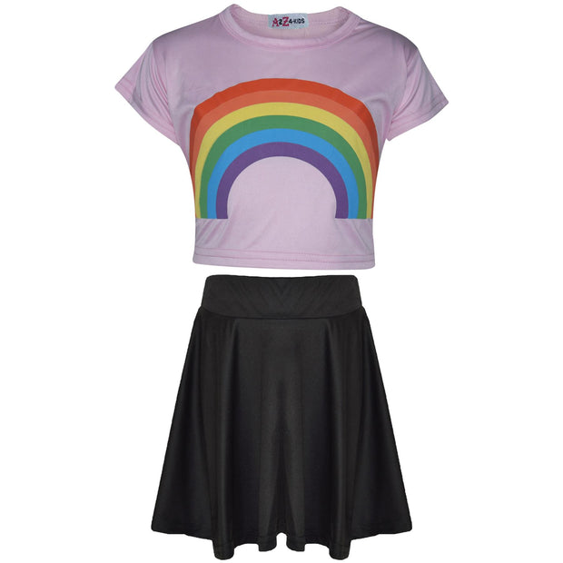 A2Z 4 Kids Girls Crop Top & Skirt Sets Designer's Rainbow Print Baby Pink Trendy Floss Fashion Belly Shirt & Skirts Trendy T Shirt Tops Tees & Bottom Set New Age 5 6 7 8 9 10 11 12 13 Years