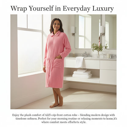 Ladies Towelling Bathrobe Front Zip Dressing Gown Long Sleeves & Deep Pockets