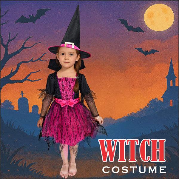 A2Z 4 Kids Girls Halloween Witch Costume Dress with Hat Lace Fancy School Outfit