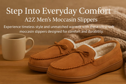 A2Z Mens Tan Moccasin Slippers Warm Fleece Lined  Microfibre Upper Non Slip Sole