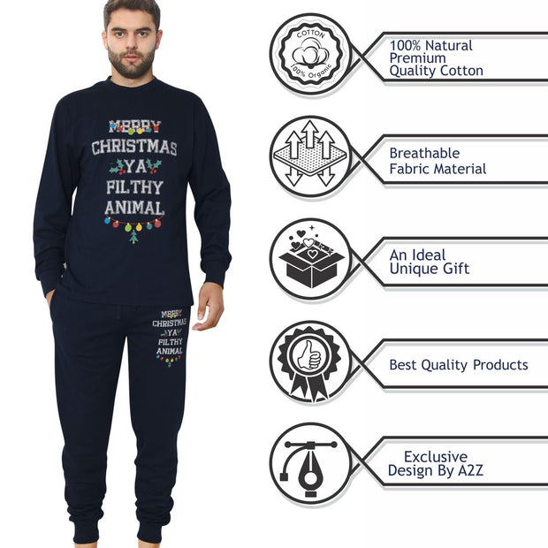 A2Z Mens Ladies 2 Piece Christmas Pyjama Set Loungewear Soft Cotton PJS Long Sleeve Navy Color Top and Bottoms Xmas Gift for Unisex Family Matching PJS Lounge wear S-2XL