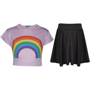 A2Z 4 Kids Girls Crop Top & Skirt Sets Designer's Rainbow Print Baby Pink Trendy Floss Fashion Belly Shirt & Skirts Trendy T Shirt Tops Tees & Bottom Set New Age 5 6 7 8 9 10 11 12 13 Years