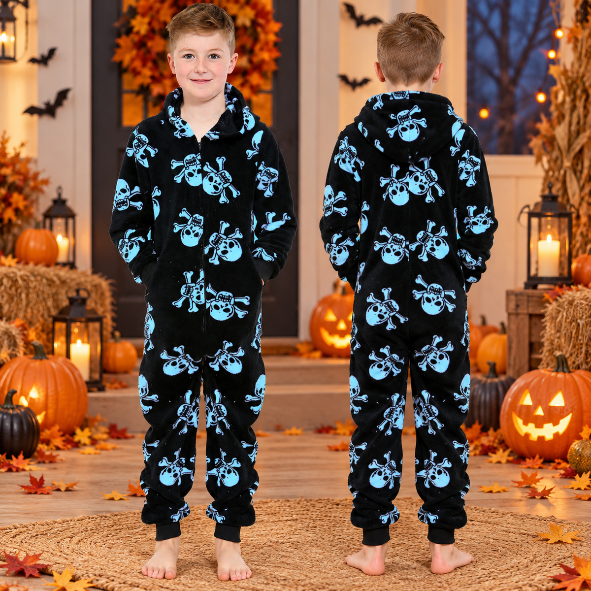Kids Fun Halloween Skull Bones Print Onesie Pyjama Sets For Girls Boys Jumpsuit