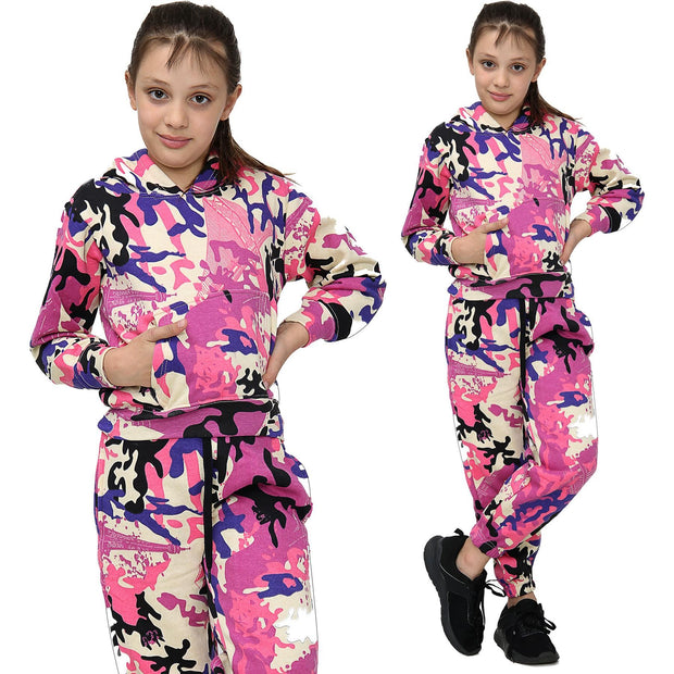 A2Z 4 Kids Girls Boys Unisex Tracksuit Camouflage Baby Pink Print Hooded Sweat Hoodie & Bottom Jog Suit Joggers Age 5 6 7 8 9 10 11 12 13 Years