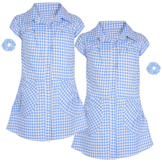 Girls Gingham School Dress Pack Of 2 Check Print Dresses With Matching Scrunchie - A2Z 4 Kids