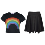 A2Z 4 Kids Girls Crop Top & Skirt Sets Designer's Rainbow Print Black Trendy Floss Fashion Belly Shirt & Skirts Trendy T Shirt Tops Tees & Bottom Set New Age 5 6 7 8 9 10 11 12 13 Years