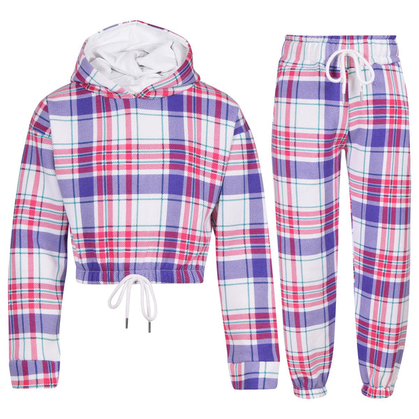Kids Purple Check Tracksuit Gym Cropped Hoodie Sweatpants Cord Set Girls 5-13 Yr