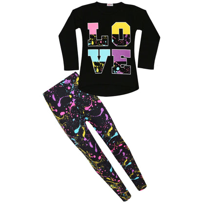 Kids Girls Long Sleeves Black Love Print T Shirt & Splash Legging Outfit Set