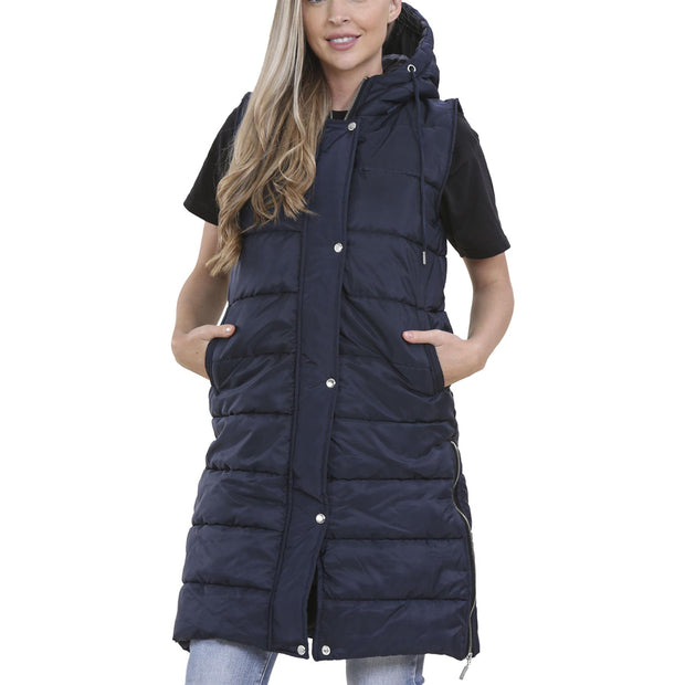 A2Z Ladies Adults Sleeveless Gilet Oversized Navy Hooded Quilted Gilet Padded Long Line Vest Jacket Sleeveless Coat Urban Winter Wear